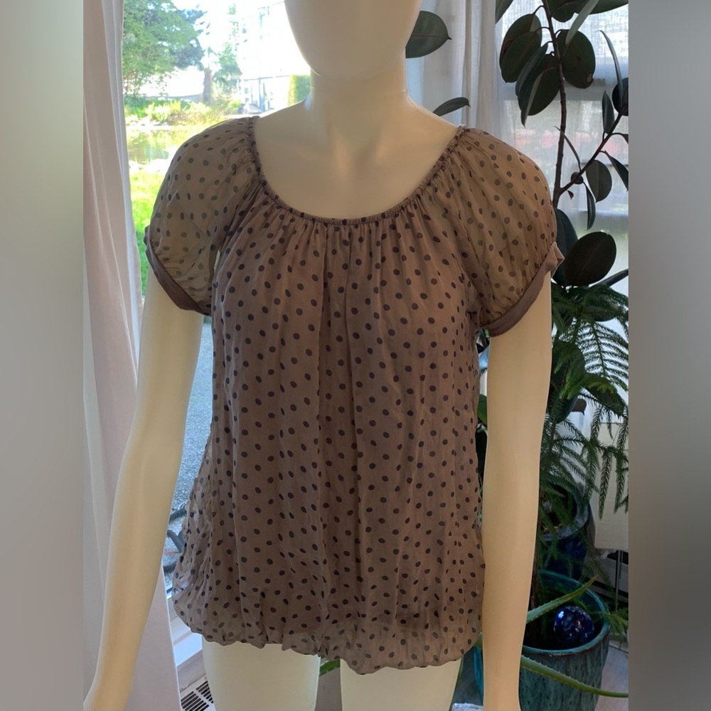 Elena Baldi Italian Sheer Silk Blend Tan/Beige with Navy Polka Dot Blouse Size M